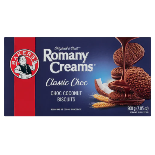 Bakers Romany Creams Classic Chocolate Coconut Biscuits South African Cookies | Crunchy Choc Coconut Sandwich Biscuits for Snacking Coffee Dessert Pantry Staple