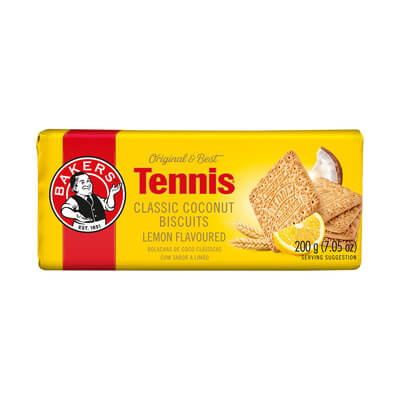 Bakers Tennis Classic Coconut Lemon Biscuits South African Cookies | Crisp Tea Biscuits with Coconut Lemon Flavor for Snacking Coffee Desserts Pantry Staple