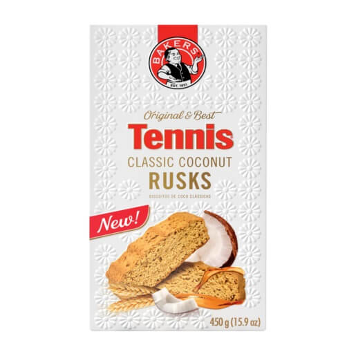 Bakers Tennis Coconut Rusks 450g South African Breakfast Biscuits | Oven Baked Crunchy Slices with Coconut Flavor for Tea Coffee Snacking Pantry Staple