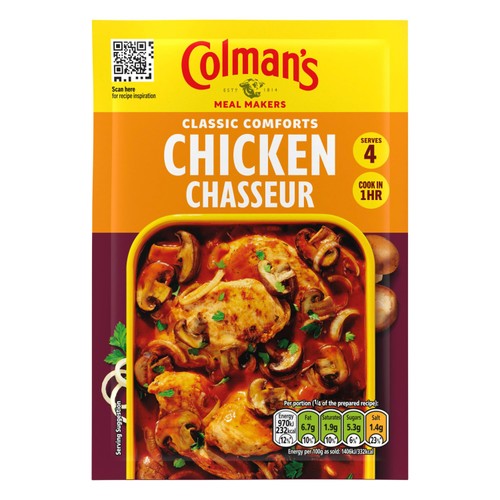 Colman’s Chicken Chasseur Meal Maker Mix, Classic French-Style Chicken Casserole Sauce, Rich Tomato & Mushroom Herb Seasoning Blend, Easy One-Pot Family Dinner Recipe, No Artificial Colors or Preservatives, Serves 4