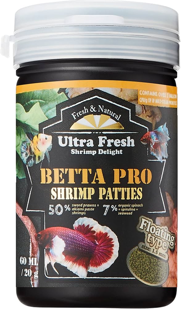 Tasty Foods Whole Shrimp Betta Fish Food – Betta Pro Shrimp Patties with Real Whole Shrimp, High Protein Floating Pellets for Betta Fish, Tropical Fish & Aquarium Fish, Color Enhancing, Growth & Health Formula, 20g / 60ml