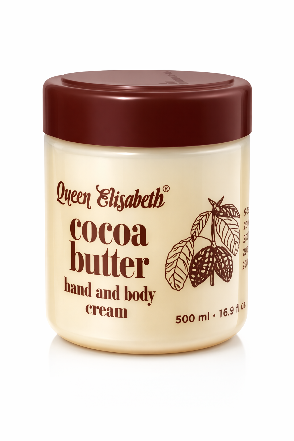 Queen Elisabeth Cocoa Butter Hand and Body Cream 500ml / 16.9 fl oz – Deep Moisturizing Body Lotion for Dry Skin, Intensive Hydration Cream for Hands, Legs and Full Body, Nourishing Cocoa Butter Moisturizer for Smooth Soft Skin Care
