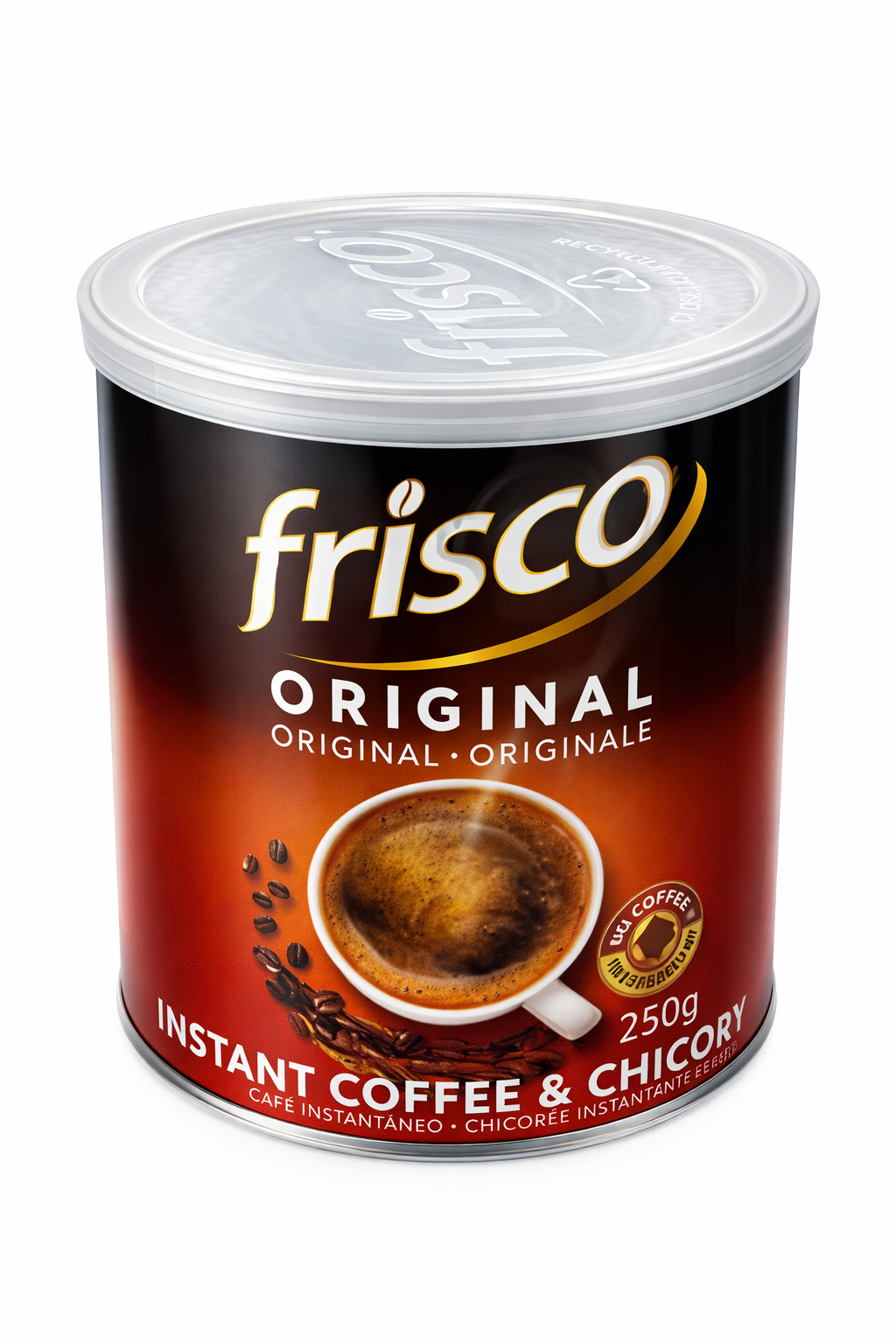 Frisco Original Instant Coffee & Chicory 250g Tin – Premium Instant Coffee Powder Blend with Chicory, Rich Strong Aroma Smooth Taste, Classic European Style Coffee Mix, Easy Dissolve Granules for Hot or Cold Beverages, Bulk Coffee Canister