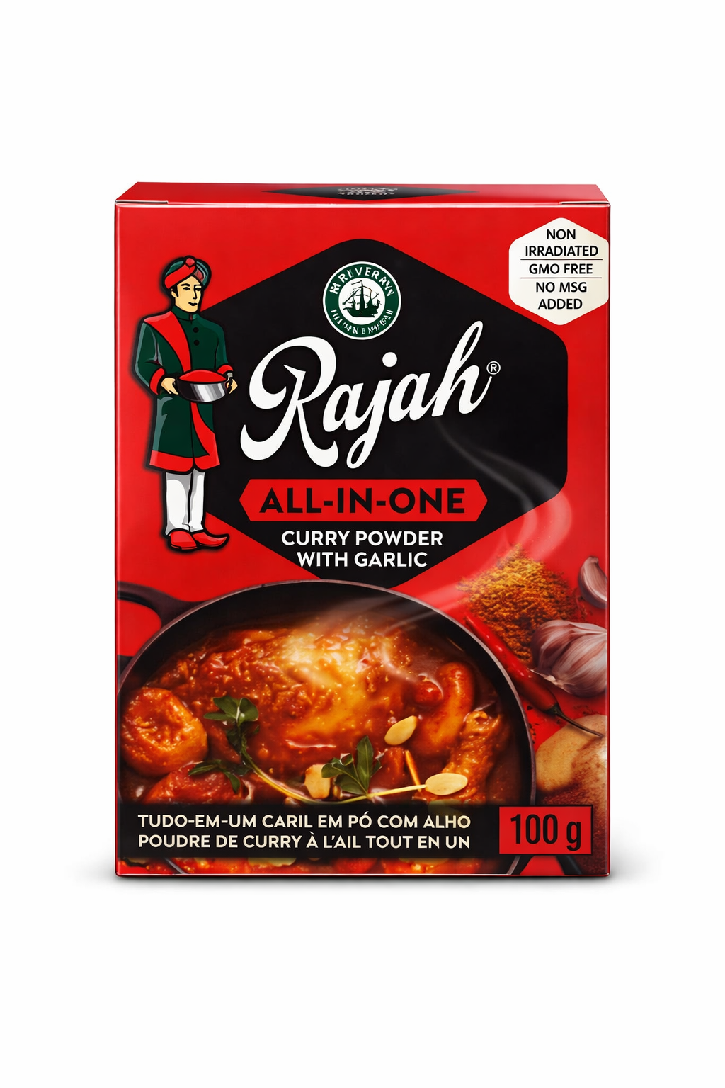 Rajah All-In-One Curry Powder with Garlic 100g | Authentic Indian Curry Spice Blend | Ready-to-Use Curry Masala | No MSG | Non-Irradiated | GMO Free | For Chicken, Meat, Vegetables & Vegan Dishes