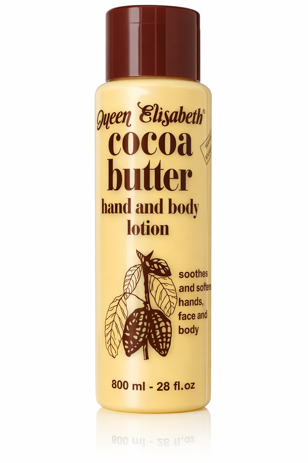 Queen Elisabeth Cocoa Butter Hand and Body Lotion with Natural Cocoa Butter, Deep Moisturizing Skin Cream for Dry Skin, Long Lasting Hydration for Hands, Face & Body, Softening Nourishing Daily Moisturizer, 800 ml / 28 fl oz