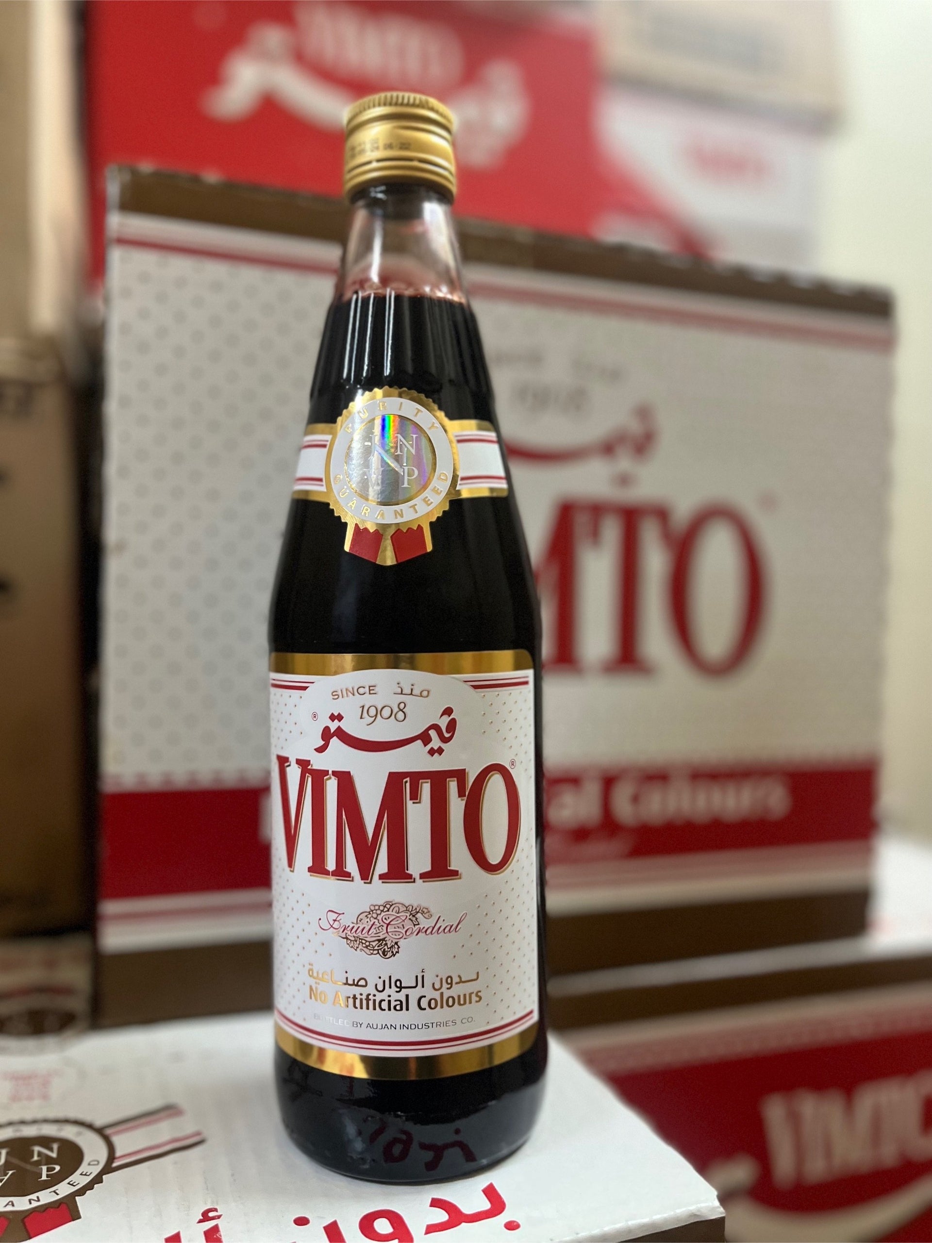 Vimto Fruit Cordial Concentrate Syrup Drink, Original Mixed Fruit Flavor, Blackcurrant Raspberry Grape Juice Blend, Imported UK Recipe, No Artificial Colours, Non Carbonated Beverage Syrup for Water Milk Cocktails Desserts, Glass Bottle